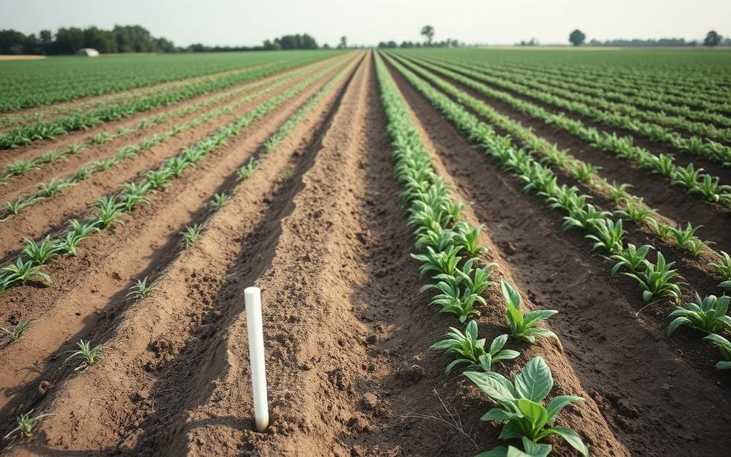 Rows of young crops on a small farm with a soil sensor stake
