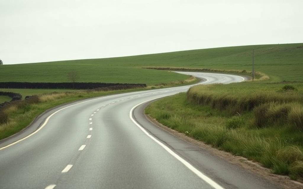 A rural two-lane road curving through green countryside